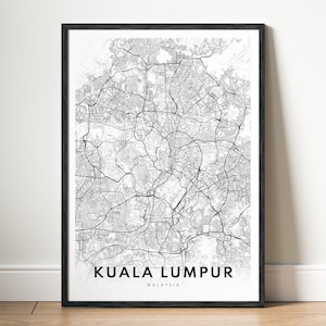 Sofortiger Download Kuala Lumpur Karte Road Kuala Lumpur Malaysia Poster Digitale Karte Kuala Lumpur Druckbare Karte Schwarzweiß-Landkarte