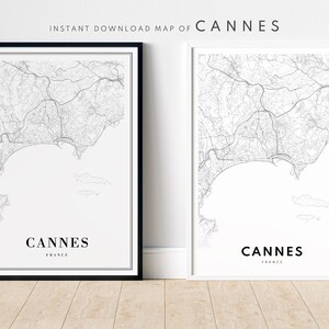Impression de la carte de Cannes à télécharger Poster de Cannes, France Carte numérique de Cannes Carte en noir et blanc imprimable Art mural Esquisse de Cannes Impression à la maison Cannes