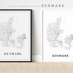 Carte du Danemark route impression téléchargement Danemark carte affiche Danemark carte imprimable numérique Danemark carte noir et blanc art Danemark croquis carte impression