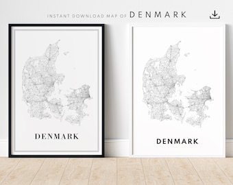 Denmark Map Road Print Download Denmark Map Poster Denmark Printable Map Digital Denmark Black And White Map Art Denmark Sketch Map Print