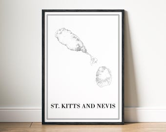 St. Kitts and Nevis Map Print Digital Download, Black and White Caribbean Island Poster, Minimalist Map Wall Art