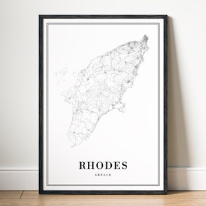 Rhodos-Griechenland Karte Drucken Rhodos Karte Poster Download Rhodos Druckbare Rhodos Karte Digitale schwarz und weiß Karte Rhodos Sofortiger Download Rhodos