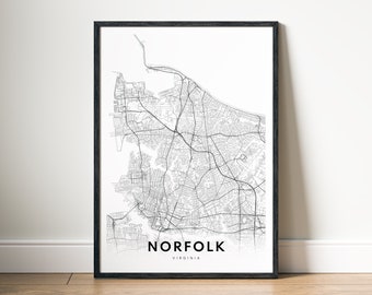 Norfolk Virginia Map Print Digital Download, Black and White City Map Poster, Printable City Map Wall Art
