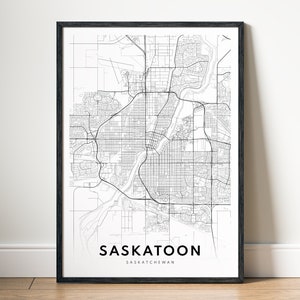 Impression de carte de Saskatoon en Saskatchewan, affiche de carte de Saskatoon au Canada à télécharger, carte imprimable de Saskatoon, croquis d'impression numérique en noir et blanc de Saskatoon