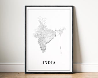 Poster della mappa dell'India Download digitale Mappa dell'India Stampabile Mappa estetica dell'India Mappa minimalista dell'India in bianco e nero Stampa Mappa del paese dell'India Arte