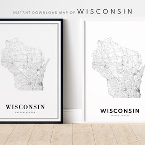 Carte de l'état du Wisconsin, impression, téléchargement, affiche de la carte du Wisconsin, carte imprimable du Wisconsin, impression numérique noir et blanc du Wisconsin, carte du Wisconsin, impression de croquis