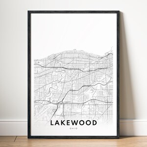 Lakewood-kaartafdruk, Lakewood-kaartposter Ohio, afdrukbare kaart Lakewood, digitale download Lakewood zwart-wit, kaart WallArt schets Lakewood