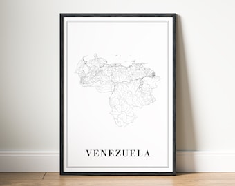 May include: A black and white line art map of Venezuela with the country name printed below the map in a black sans-serif font.
