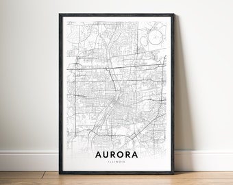 Aurora Illinois Map Print Digital Download, Black and White City Map Poster, Printable City Map Wall Art