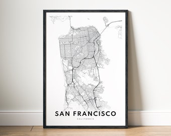 Kaartposter San Francisco, CA, digitale download, afdrukbare kaart San Francisco, Californië, zwart-witte muurkunst, schetsen van San Francisco