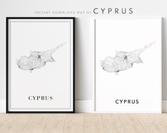 Impression de carte de Chypre, affiche de carte de Chypre à télécharger, carte de Chypre imprimable numérique, carte de Chypre en noir et blanc, impression de Chypre, téléchargement immédiat, carte de Chypre