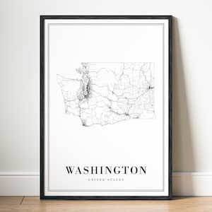 Carte de l'État de Washington impression téléchargement carte de Washington affiche imprimable carte numérique Washington carte noir et blanc art Washington croquis carte