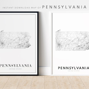 Impression de carte de l'État de Pennsylvanie Pennsylvanie affiche à télécharger carte Pennsylvanie carte imprimable numérique Pennsylvanie noir et blanc PA impression maison