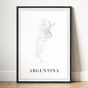 Carte de l'Argentine, impression, téléchargement, carte de l'Argentine, impression imprimable, carte de l'Argentine, carte numérique en noir et blanc, art mural, Argentine, croquis, impression, affiche