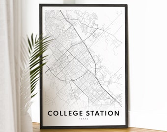 Télécharger la carte de la gare du Texas, impression de l'affiche de la gare College, carte numérique imprimable de la gare College, croquis noir et blanc de la gare