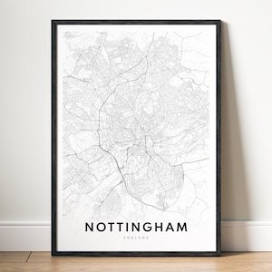Nottingham Map Print Download Nottingham England Poster Digitale Karte Nottingham Druckbare schwarz-weiße Karte Wandkunst Nottingham Home Print
