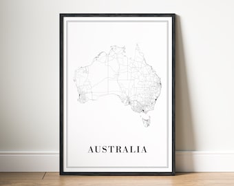 Téléchargement immédiat, impression de carte de l'Australie, affiche de carte de l'Australie, impression numérique, carte de l'Australie en noir et blanc, impression de la maison de l'Australie, art de la carte
