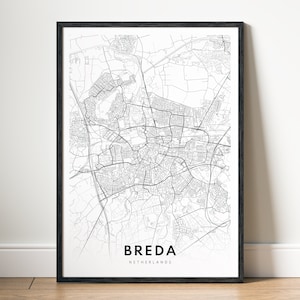 Impression de carte de Breda Breda, Pays-Bas carte affiche à télécharger carte Breda numérique noir et blanc art mural Breda esquisse carte affiche impression