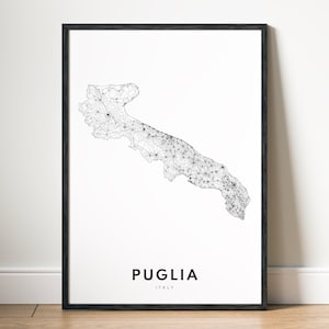 Impression de la carte des Pouilles, téléchargement de la carte des Pouilles en Italie, affiche numérique de la région des Pouilles, carte imprimable en noir et blanc des Pouilles, croquis de la carte de la région des Pouilles, impression d'art