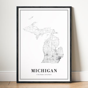 May include: Black and white line art map of Michigan, United States. The map shows the state's roads and highways.