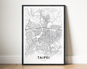 Taipei Taiwan Map Print Digital Download, Black and White Printable Poster, Minimalist City Map Wall Art