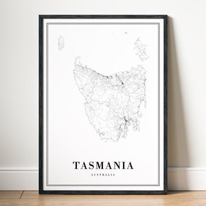 Tasmanië Australië kaart afdrukken Tasmanië kaart poster Tasmanië download afdrukken Tasmanië digitale afdrukbare Tasmanië zwart-wit download kaart