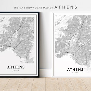 Athen-Griechenland Karte Drucken Athen Karte Poster Download Athen Druckbare Athen Karte Digitale schwarz und weiß Karte Athen Sofortiger Download ღ