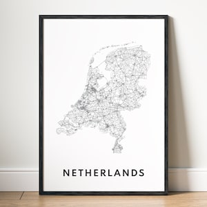 Mapa de los Países Bajos para imprimir, descargar póster del mapa de los Países Bajos, mapa imprimible digital de los Países Bajos, mapa en blanco y negro, impresión artística de los Países Bajos