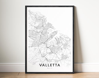 Valletta Map Print Digital Download, Black and White City Map Poster, Minimalist Wall Art