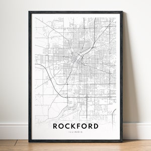 Stampa mappa di Rockford, mappa di Rockford, Illinois, poster, download, mappa stampabile di Rockford, mappa digitale di Rockford, stampa in bianco e nero, schizzo della mappa di Rockford