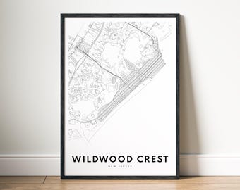 Wildwood Crest New Jersey Map Print Digital Download, Black and White City Map Poster, Minimalist Wall Art