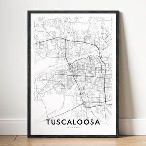 Impression de carte de Tuscaloosa, affiche de carte de Tuscaloosa en Alabama, téléchargement de carte imprimable de Tuscaloosa, affiche de carte croquis numérique noir et blanc de Tuscaloosa