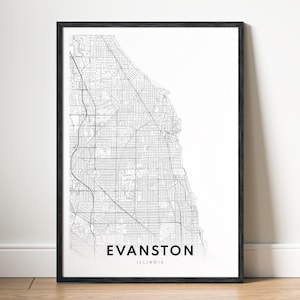 Carte d'Evanston, impression carte d'Evanston, Illinois, affiche à télécharger, carte imprimable d'Evanston, carte numérique d'Evanston en noir et blanc, WallArt, croquis d'Evanston