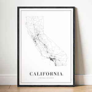 Mapa do estado da Califórnia para impressão, download de pôster do mapa da Califórnia, mapa digital da Califórnia em preto e branco, decoração de mapa da Califórnia