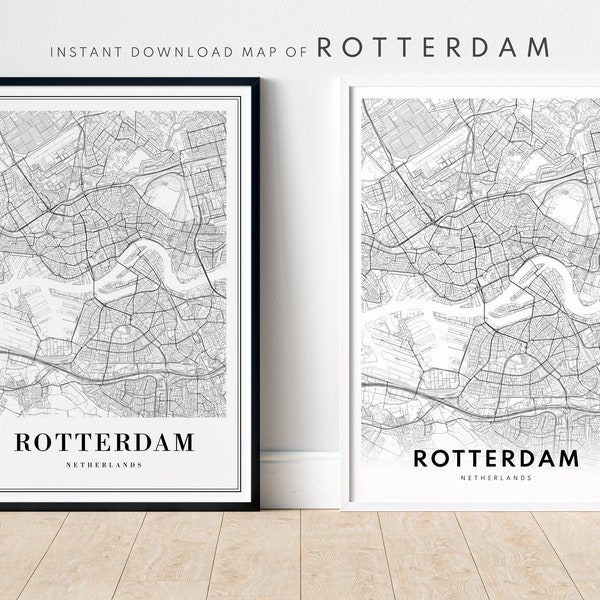 Rotterdam Nederland Kaart Print Download Rotterdam Digitale Poster Rotterdam Afdrukbare zwart-wit Rotterdam Kaart Road Digitale Download