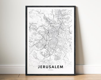 Jerusalem Israel Map Print Digital Download, Black and White Map Poster, Minimalist City Map Wall Art