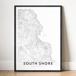 Impression de carte de la rive sud du Massachusetts Poster de la carte de la rive sud du Massachusetts Carte imprimable de la rive sud en téléchargement numérique Carte en noir et blanc de la rive sud de la rive sud