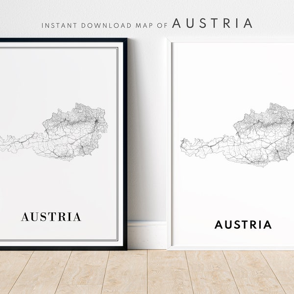 Austria Map Print Download Austria Road Map Poster Austria Printable Map Digital Austria Black And White Map Art Austria Sketch Map Print