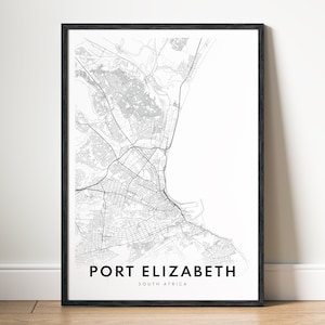 Impresión de mapa de Port Elizabeth Póster de mapa de Port Elizabeth, Sudáfrica Descarga de mapa de Port Elizabeth para imprimir Mapa digital en blanco y negro Arte de mapa esquemático