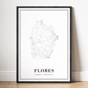 Affiche de carte de Flores Açores, téléchargement numérique d'impression de carte de Flores, art de carte noir et blanc de l'île de Flores, croquis de Flores de carte murale, art de carte d'Açores