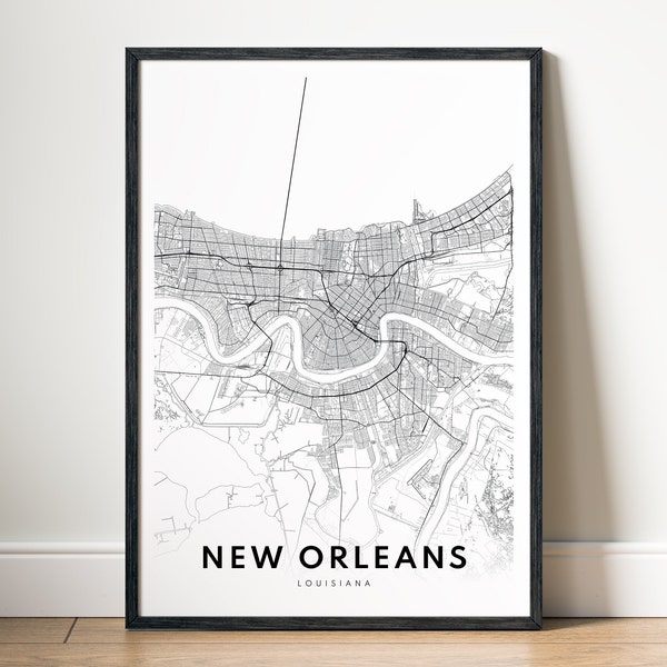 Impresión de mapas de Nueva Orleans, cartel del mapa de Luisiana de Nueva Orleans, descargar mapa imprimible de Nueva Orleans, Nueva Orleans minimalista, mapa en blanco y negro