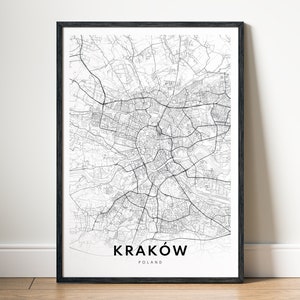 Impression de carte de Cracovie, Pologne, affiche de carte de Cracovie à télécharger, carte imprimable de Cracovie, carte numérique de Cracovie en noir et blanc, art mural, croquis de Cracovie, affiche