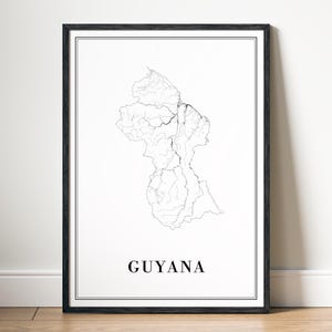 Carte du pays de la Guyane imprimable, affiche de carte de la Guyane, téléchargement numérique carte de la Guyane en noir et blanc, croquis de la Guyane, carte minimaliste Art Guyane
