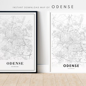 Impression de carte Odense Odense Danemark carte affiche téléchargement numérique Odense carte noir et blanc imprimable Art mural Odense Art carte scandinave Odense