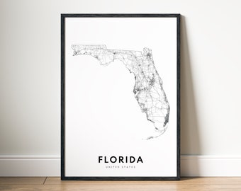 Florida State Map Print Florida Poster Download Map Florida Printable Digital Florida Black And White Map Florida Poster Instant Download