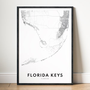 Impression de carte des Keys de la Floride, poster de la carte des Keys de la Floride, téléchargement de la carte imprimable des Keys de la Floride, contour numérique des Keys de la Floride, croquis de carte noir et blanc