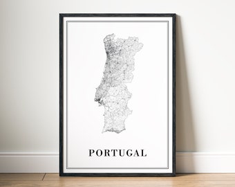 Impression de carte du Portugal Affiche de carte du Portugal à télécharger Portugal Carte du Portugal imprimable numérique noir et blanc Impression maison Portugal Téléchargement instantané