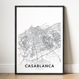 May include: Black and white city map print of Casablanca, Morocco in a black frame.