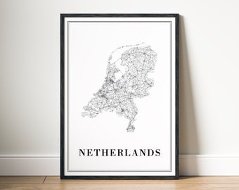 Netherlands Map Print Download Netherlands Map Poster Netherlands Printable Map Digital Netherlands Black And White Map Art Print Nederland