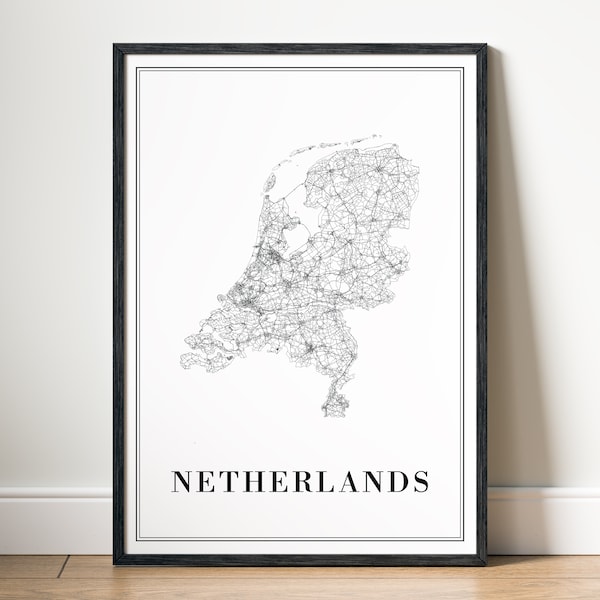 Netherlands Map Print Download Netherlands Map Poster Netherlands Printable Map Digital Netherlands Black And White Map Art Print Nederland